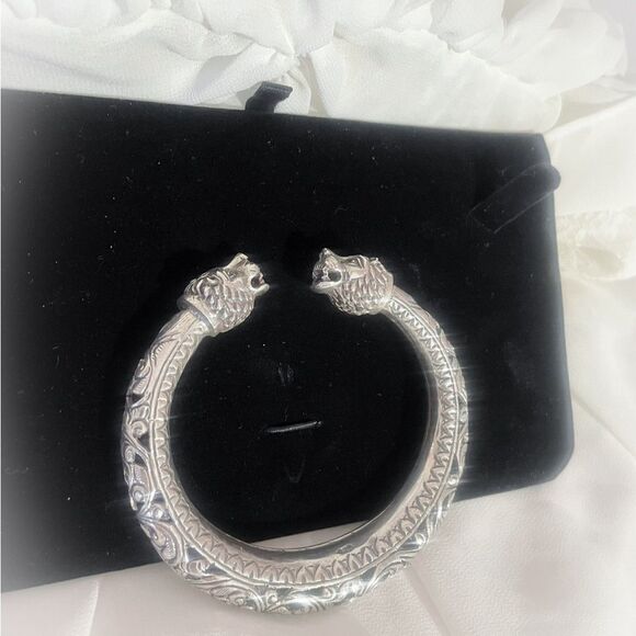 Vintage Sterling Silver Lion Heads Kada Bangle Bracelet - Picture 1 of 7